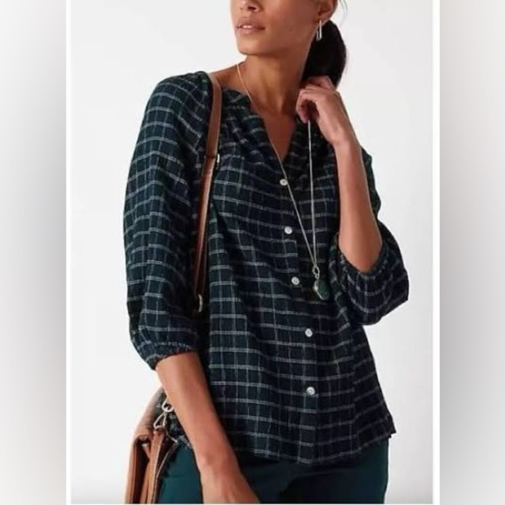 Plaid Button-Up Women's Top J Jill Crinkled Relaxed Soft